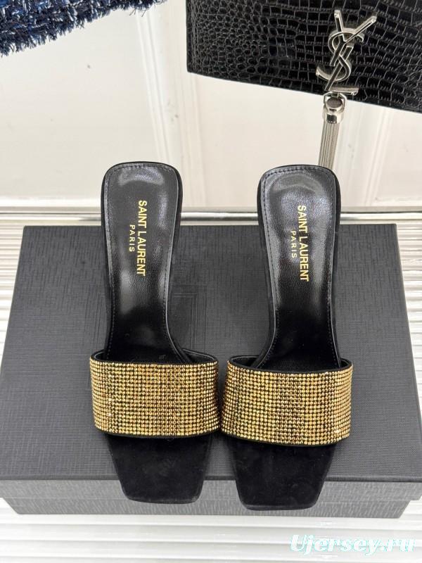 2025 Women Yves Saint Laurent Black Gold Leather High Heel Slip-On LY00300
