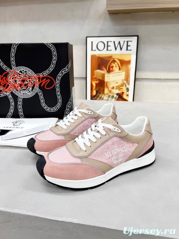 2025 Women VERSACE Pink Beige Suede Leather Sneakers Embroidery LY00320
