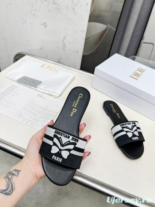 2025 Women Dior Black White Embroidery Slippers LY00170