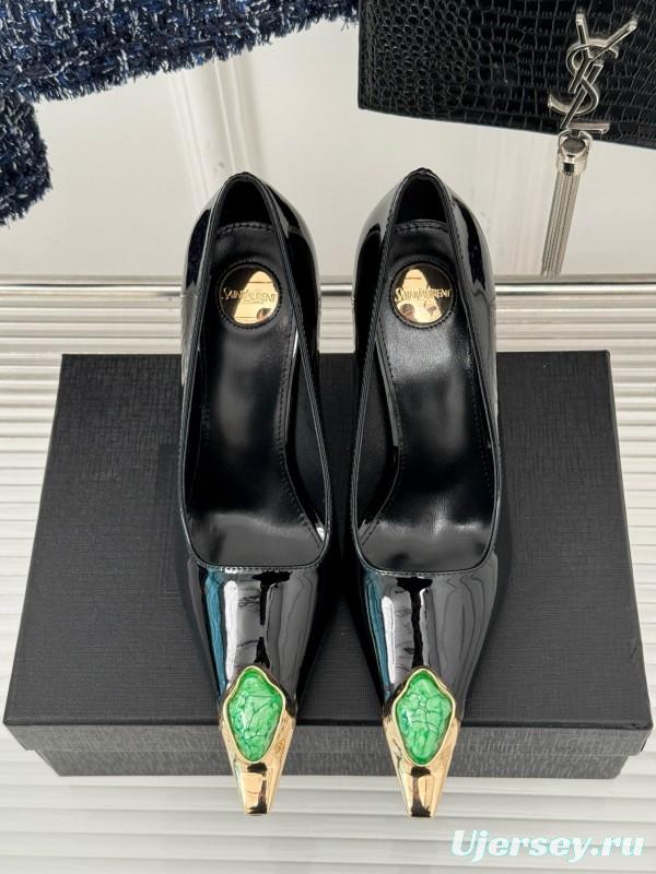 2024 Women Yves Saint Laurent Black Gold Patent Leather High Heels MJ00330