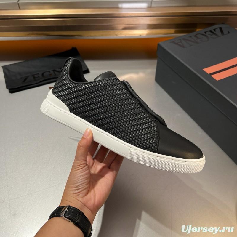 2024 Men Ermenegildo Zegna Black Smooth Calfskin Pelletessuta Sneakers Elastic Detail MJ00280