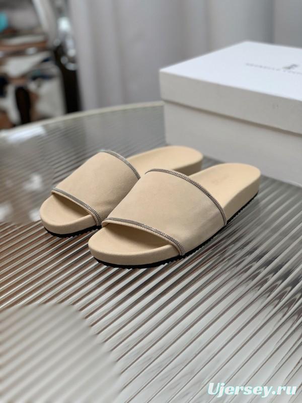 2025 Women Brunello Cucinelli Beige Suede Flat Slide Sandals Handmade Detailing KFY00240 (F)