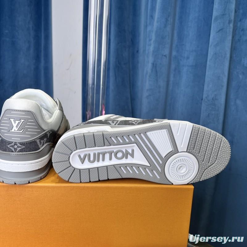 2025 Unisex Louis Vuitton Grey White Canvas Leather Sneakers
