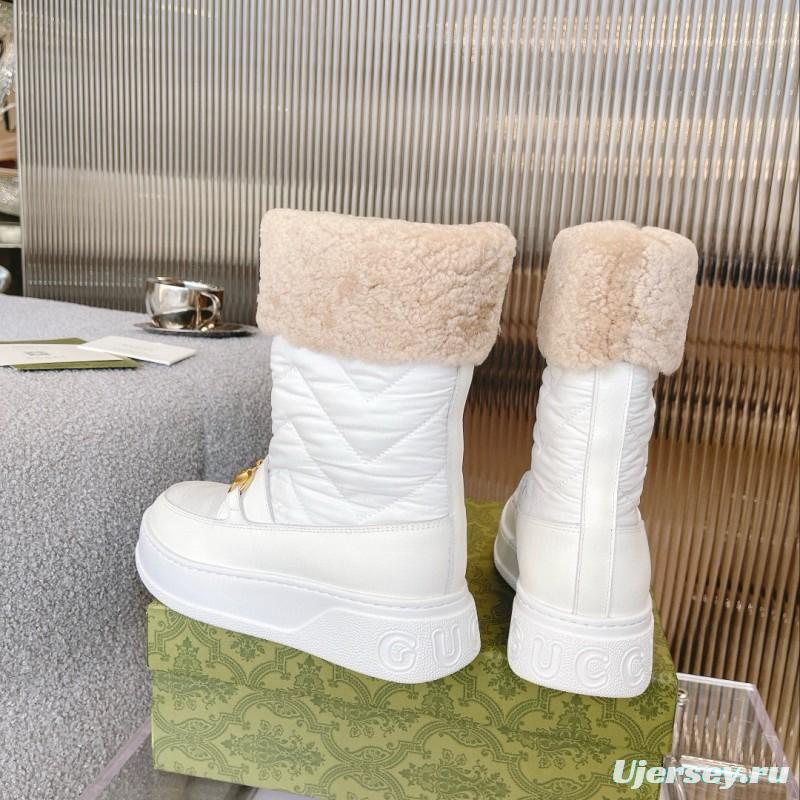 2024 Women Gucci White Sheepskin Snow Boots Gold Hardware