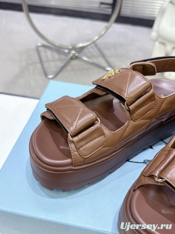 2025 Women Prada Brown Leather Sandals