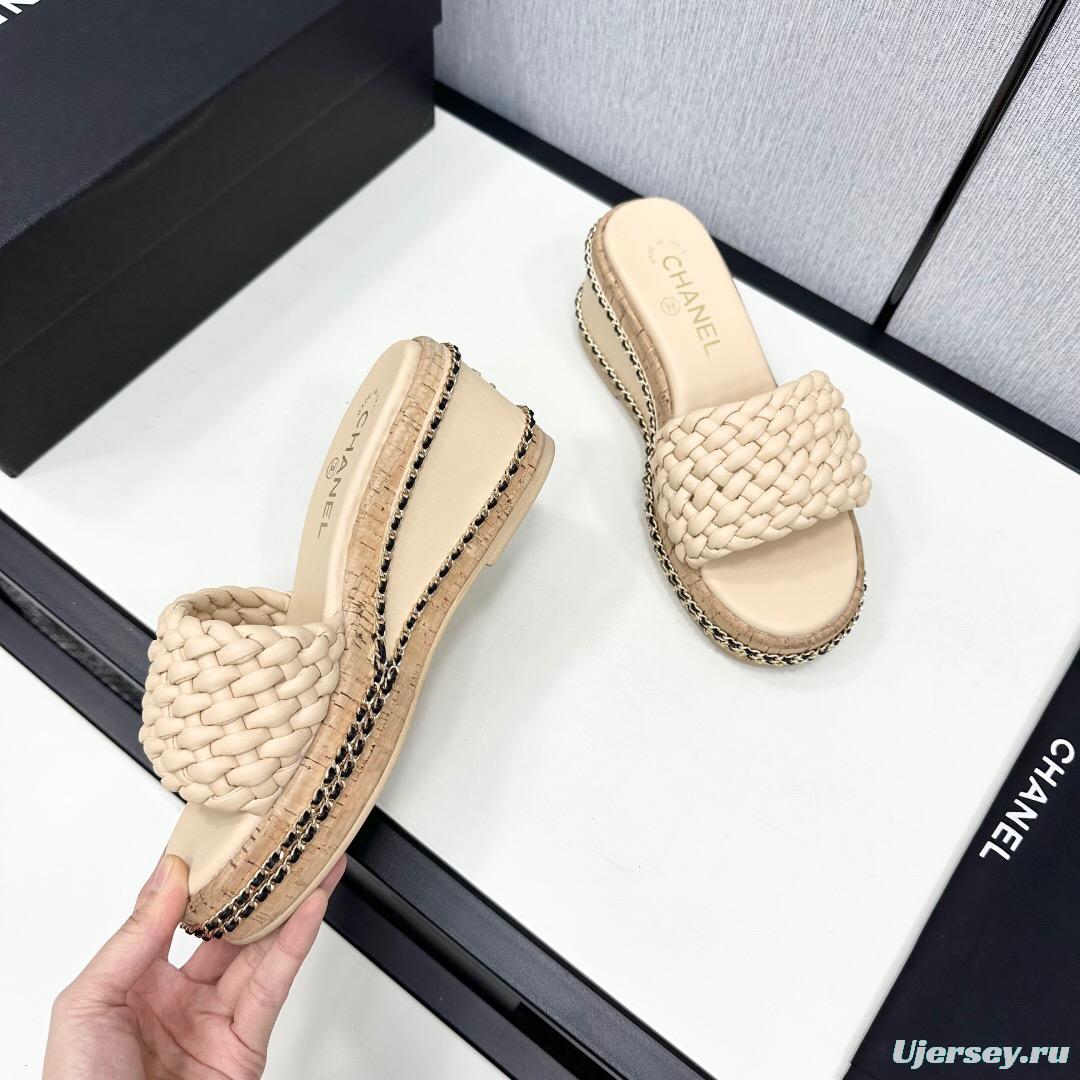 2025 Women Chanel Beige Leather Wedge Sandals