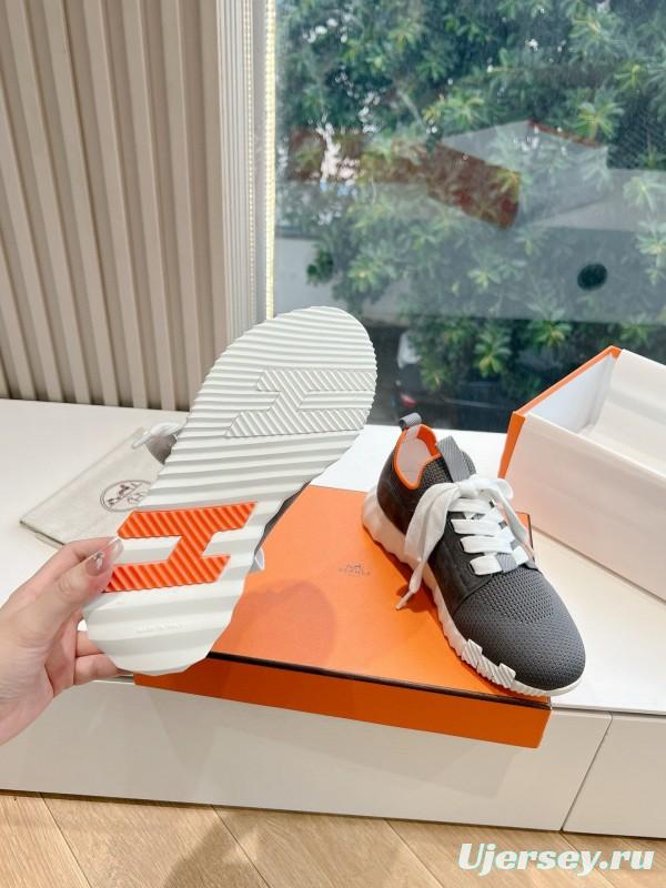 2024 Unisex Hermès Black Orange Calfskin Suede Sneakers MJ00290(M/W)