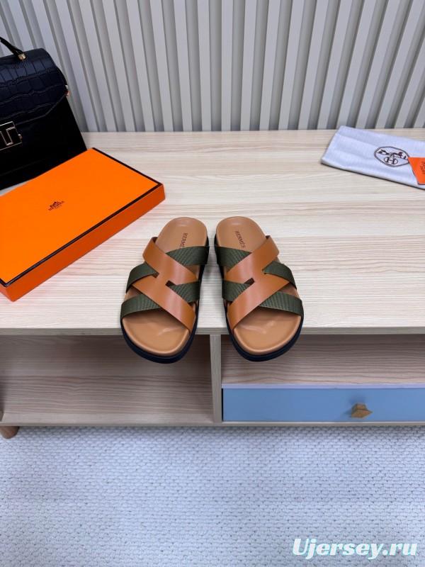 2025 Slippers Hermès Brown Green Leather Fabric Slippers