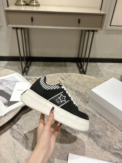 2025 Women Dior Black White Knit Leather Platform Sneakers KFY00330