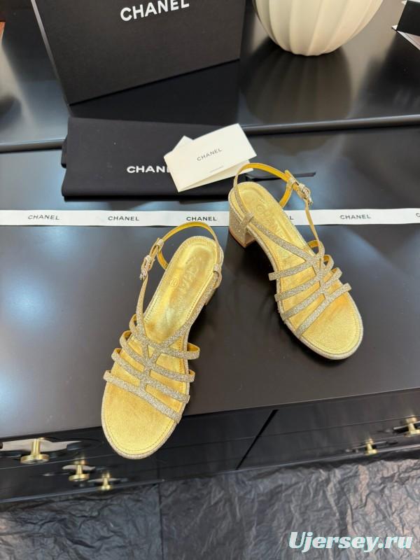 2025 Women Chanel Gold Fabric Sandals KFY00289