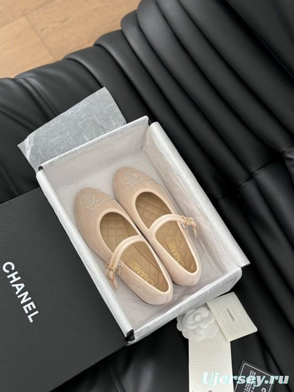 2025 Women Chanel Beige Fabric Mary Jane Embroidery LY00280