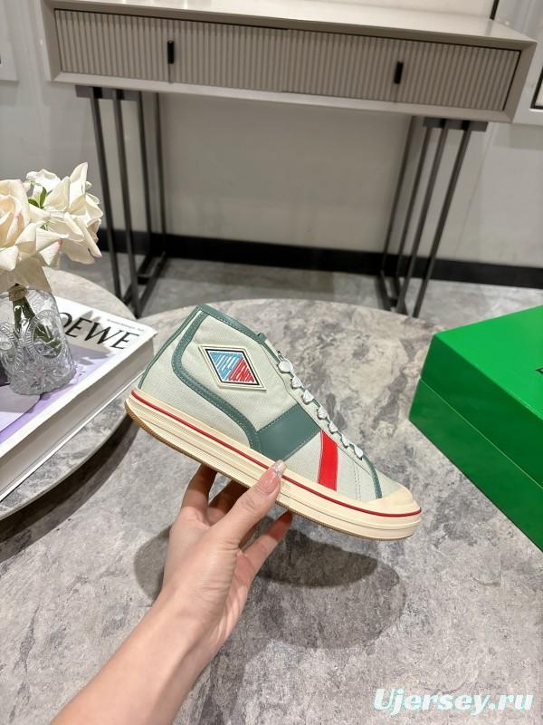 2025 Women Bottega Veneta Green White Red Canvas Leather High Top Sneakers