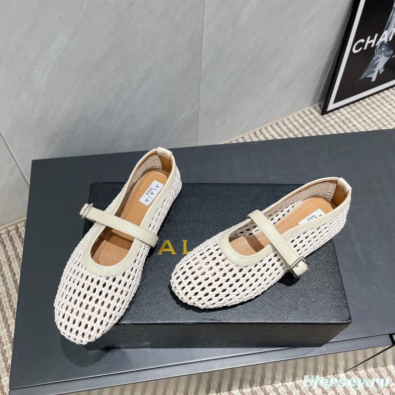 2025 Women Alaïa White Leather Woven Mary Jane Flat Shoes LY00360(F)
