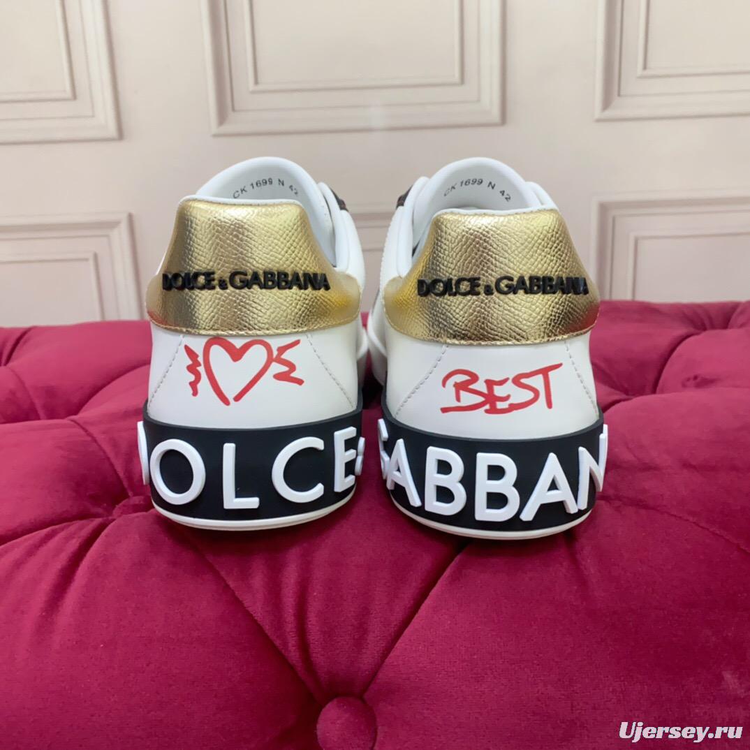 2025 Unisex Dolce & Gabbana White Black Gold Leather Sneakers Embroidered LY00340(F)/LY00360(M)