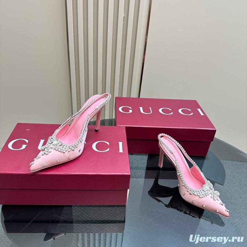 2025 Women Gucci Pink Silk High Heel Slingback Crystal LY00340