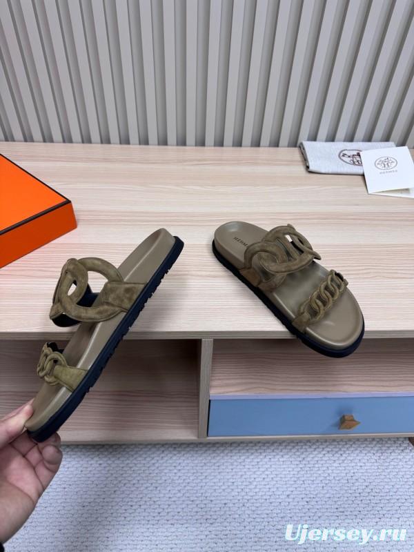 2025 Women Hermès Khaki Suede Slippers