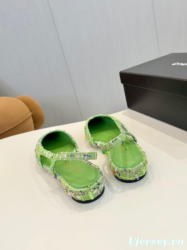 2025 Women Chanel Green Black Tweed Leather Slingback Flats LY00240