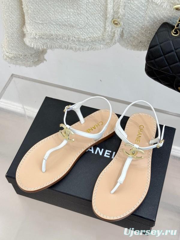 2025 Women Chanel White Leather Sandals KFY00290