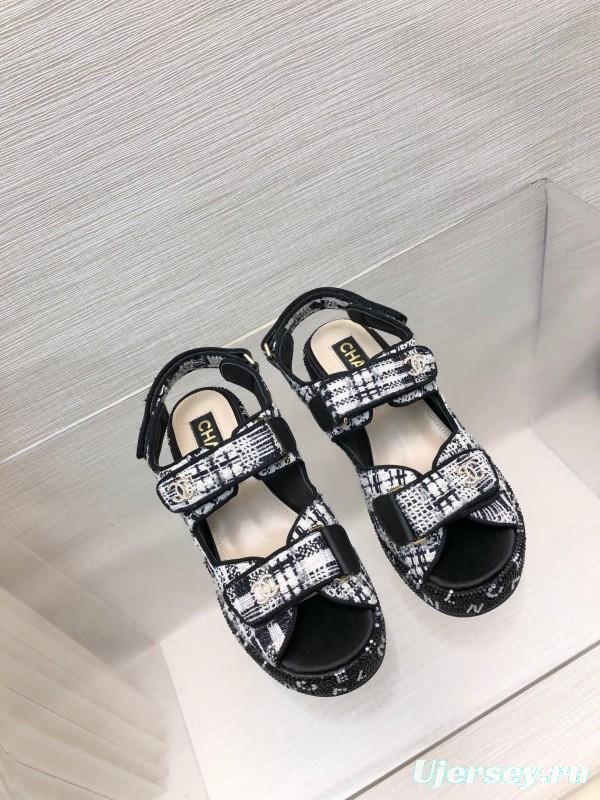 2025 Women Chanel Black White Fabric Platform Sandals LY00330
