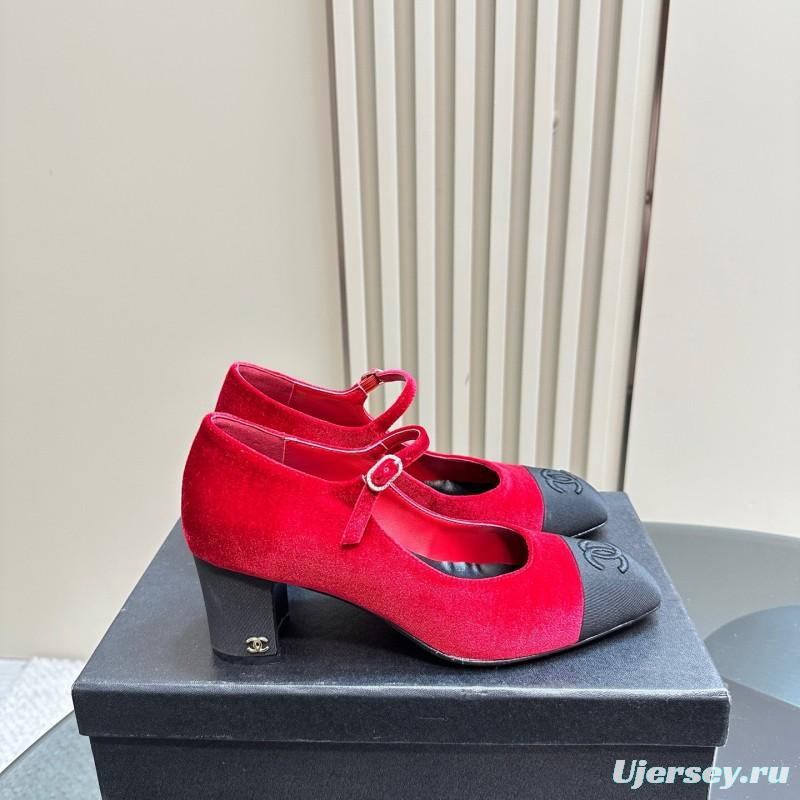 2025 Women Chanel Red Black Suede Leather Mary Jane Logo KFY00290