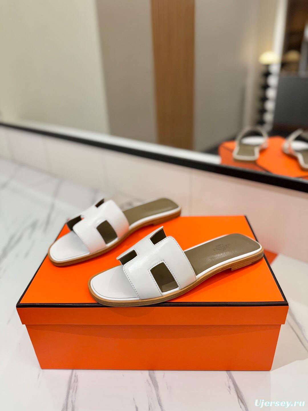 2025 Women Hermès White Leather Slippers