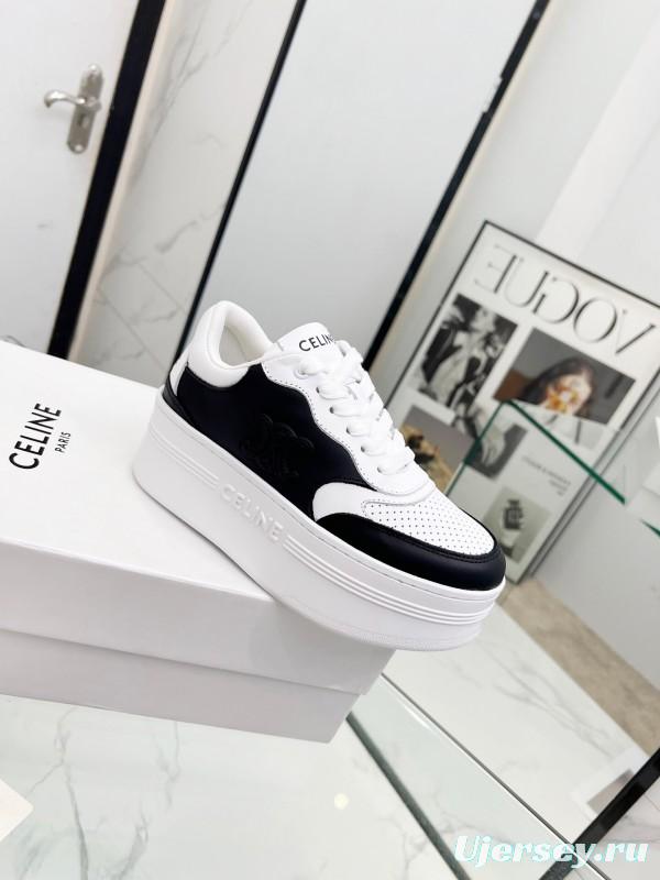 2025 Women Celine Black White Leather Platform Sneakers Block Triomphe LY00270