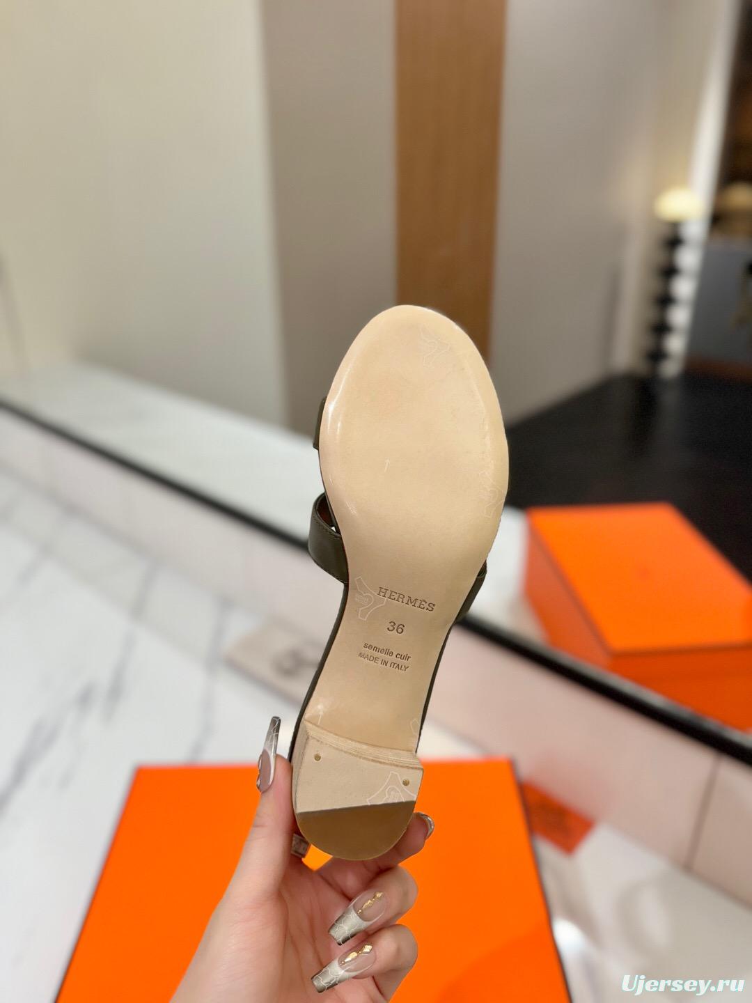 2025 Women Hermès Green Leather Sandals