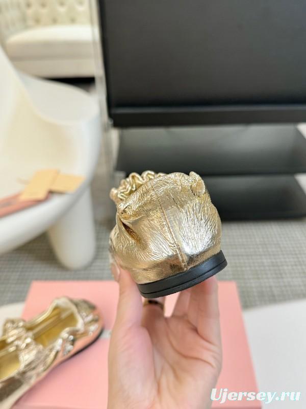 2025 Women Miu Miu Gold Leather Ballet Flats