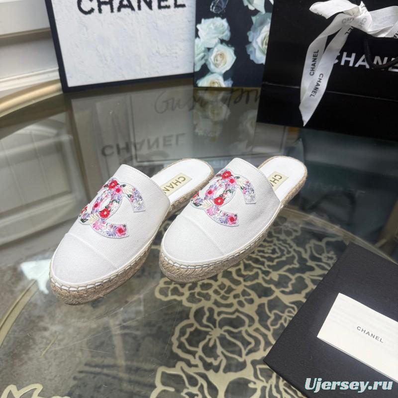2025 Women Chanel White Canvas Embroidered Espadrille Mule
