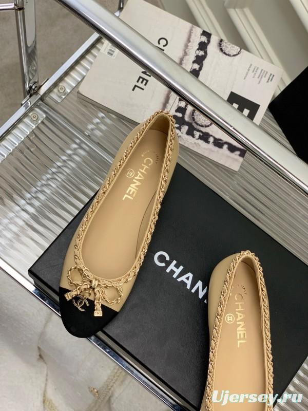 2025 Women Chanel Beige Black Leather Ballet Flats