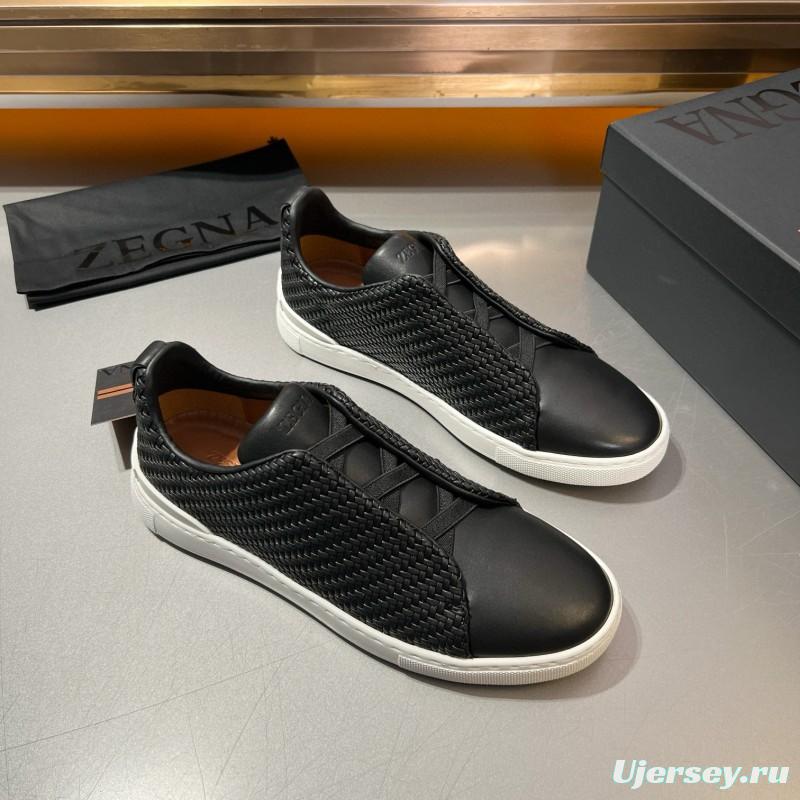 2024 Men Ermenegildo Zegna Black Smooth Calfskin Pelletessuta Sneakers Elastic Detail MJ00280