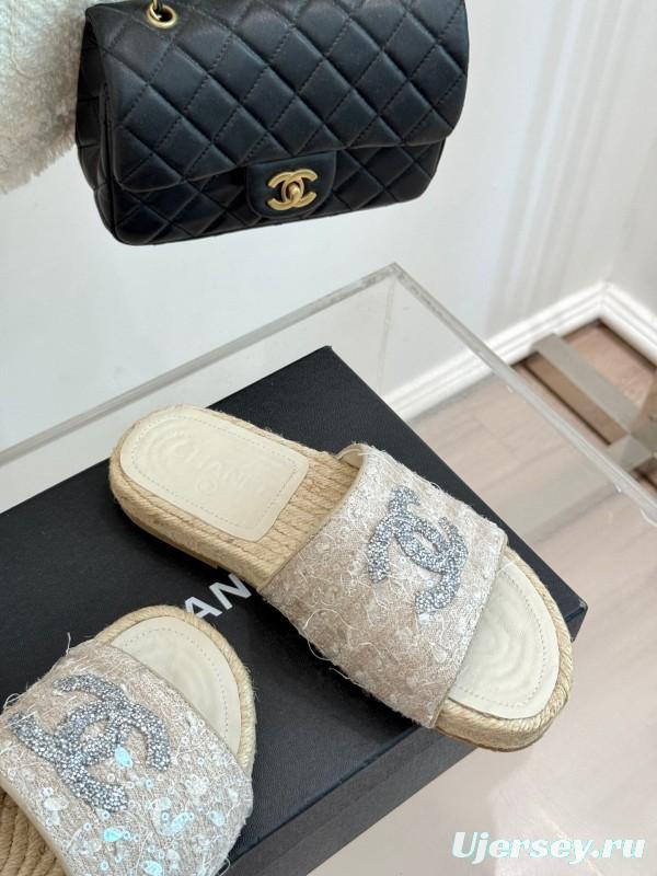 2025/Women Chanel White Lace Espadrille Slides With Sequined CC Logo KFY00240(F)