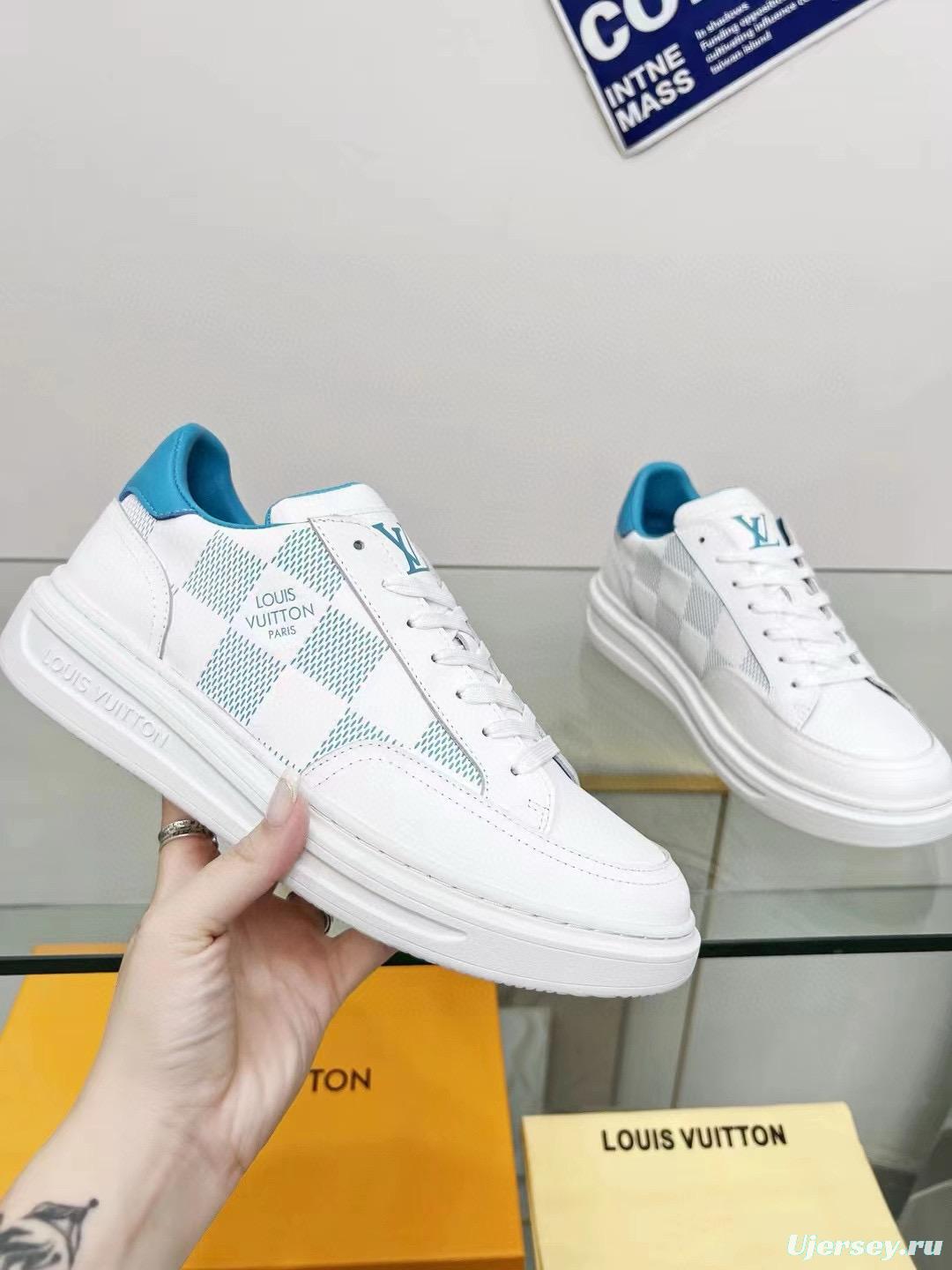 2024 Unisex Louis Vuitton White Blue Leather Sneakers Maxi Damier MJ00330