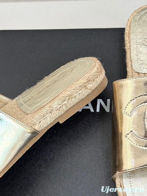 2025 Women Chanel Gold Leather Slippers