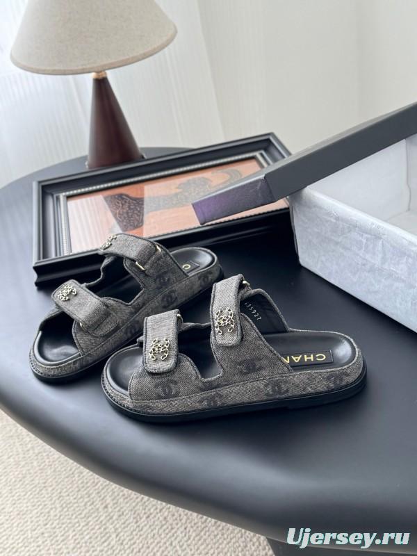 2025 Women Chanel Grey Fabric Leather Sandals Magic Tape LY00310