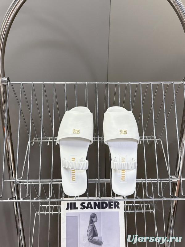 2025 Women Miu Miu White Leather Slippers LY00