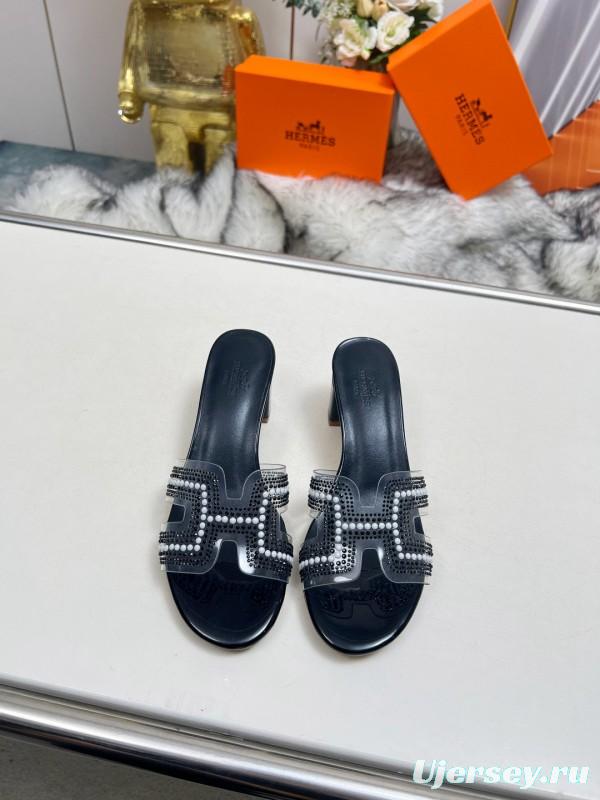 2025 Women Hermès Black Leather Slippers H Pattern MJ00180