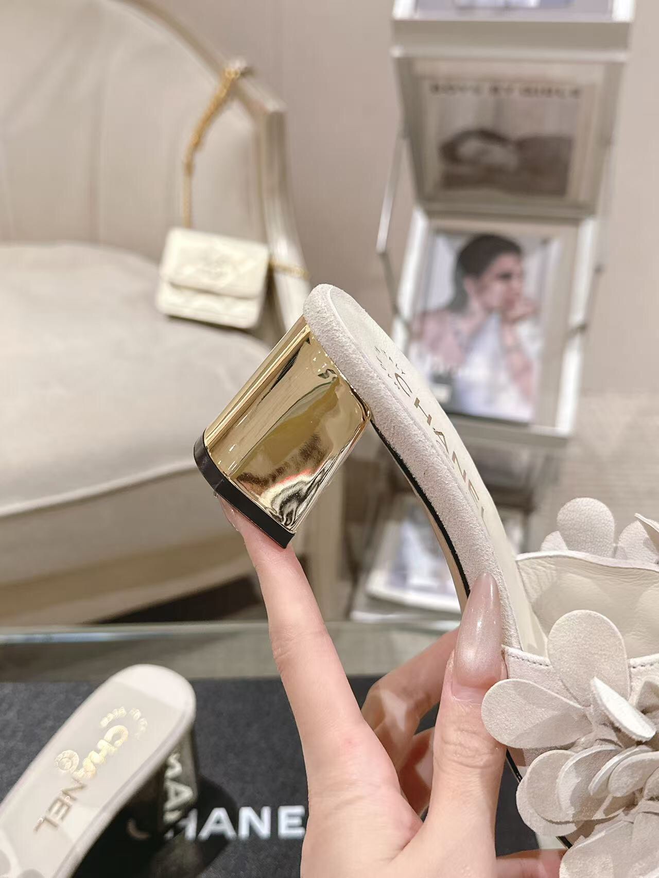 2025 Women Chanel Beige Leather Mules Floral B2032-2