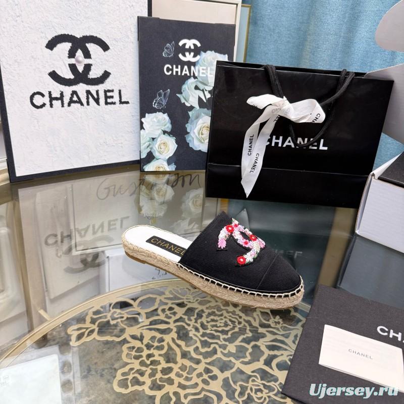 2025 Women Chanel Black Canvas Espadrille Sequins Mule