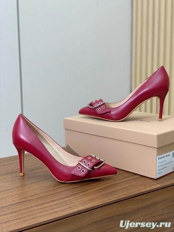 2025 Women Gianvito Rossi Red Leather Heels Buckle KFY00300