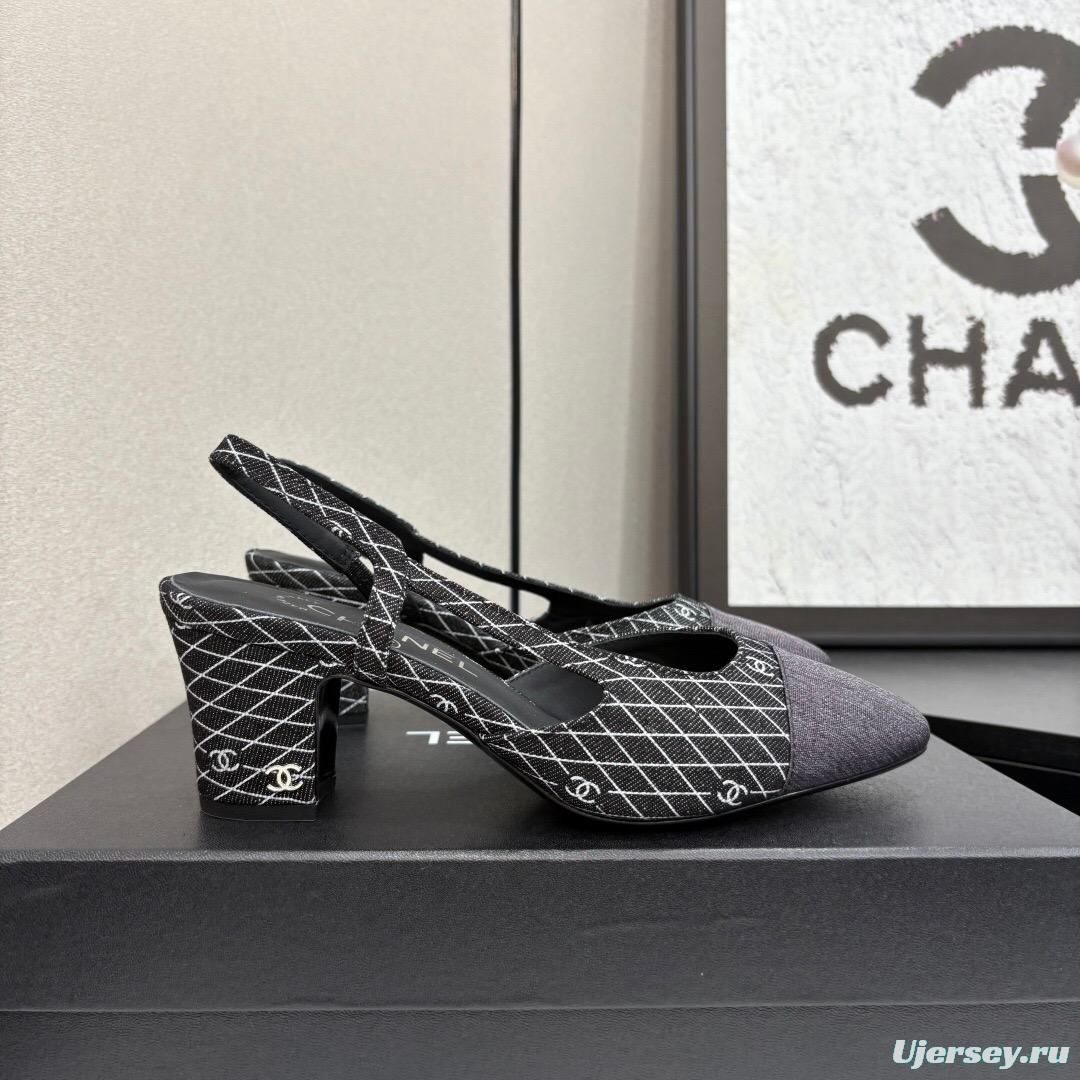 2025 Women Chanel Black White Fabric Slingback Heel LY00240