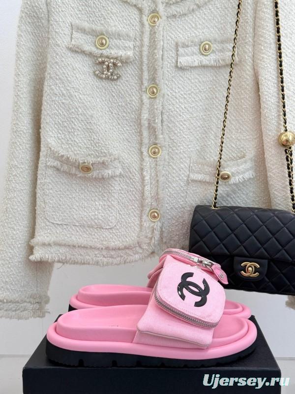 2025 Women Chanel Pink Fabric Slippers KFY00220