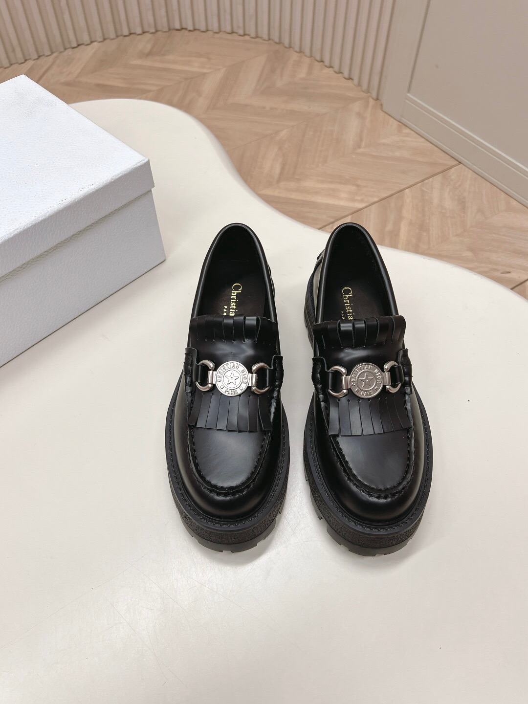 2025 Women Dior Black Leather Loafers KFY00350
