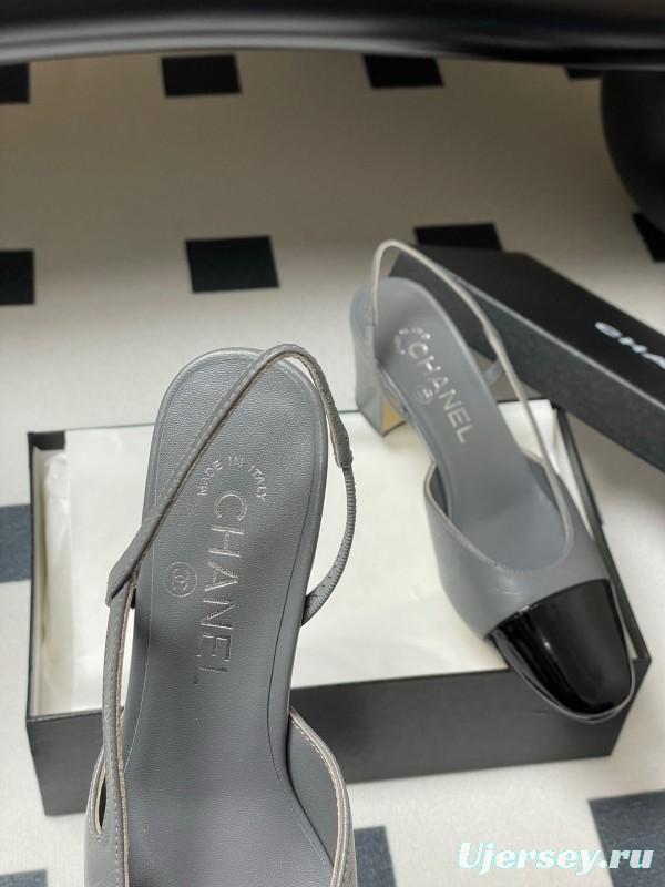 2025 Women Chanel Grey Black Leather Sling-back Heel
