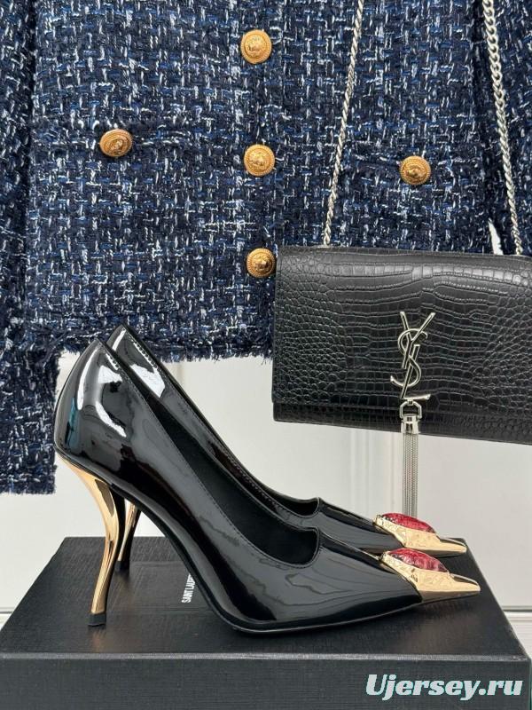 2024 Women Yves Saint Laurent Black Patent Leather High Heel Gemstone MJ00330