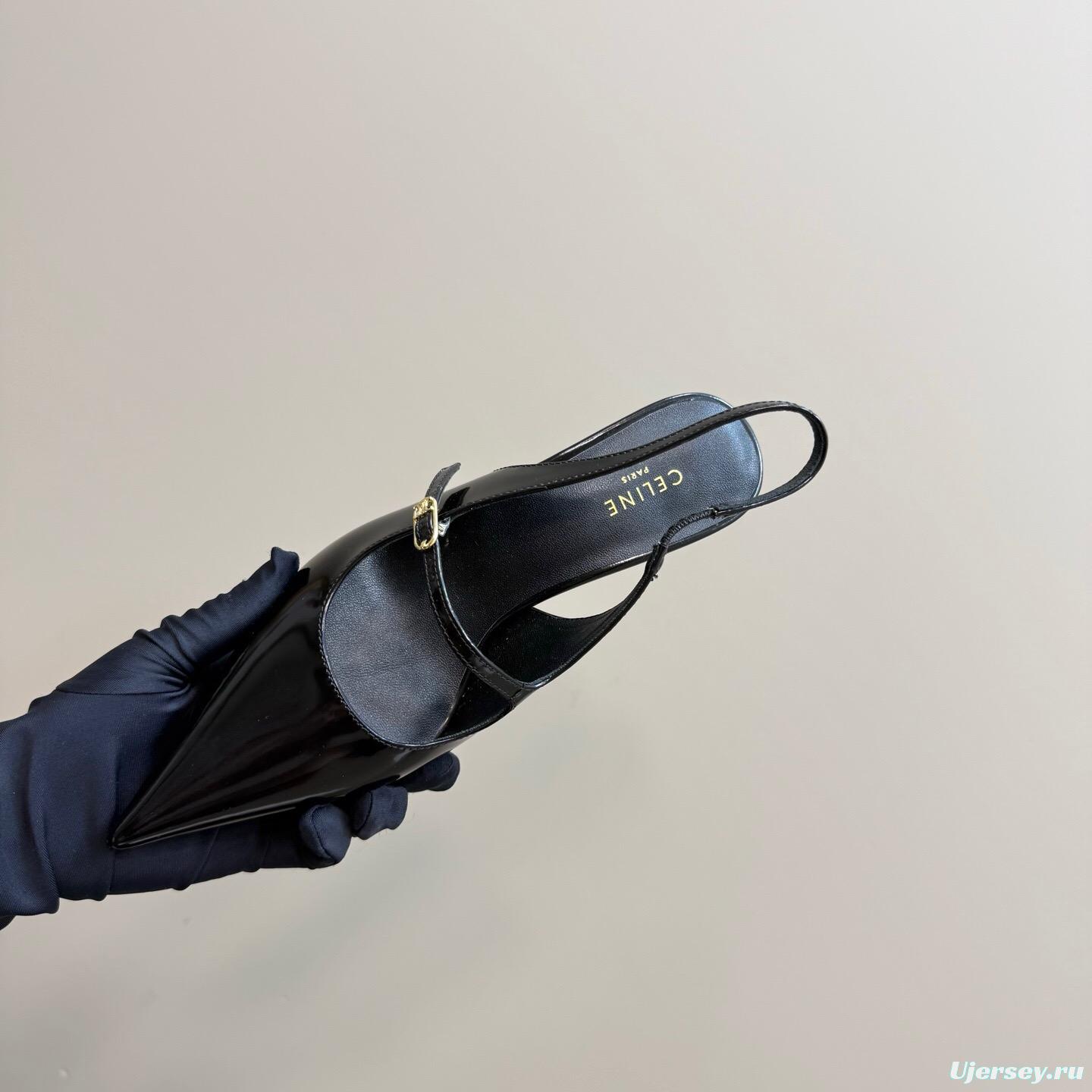 2025 Women Celine Black Patent Leather Slingback Pointed Toe Heels KFY00310