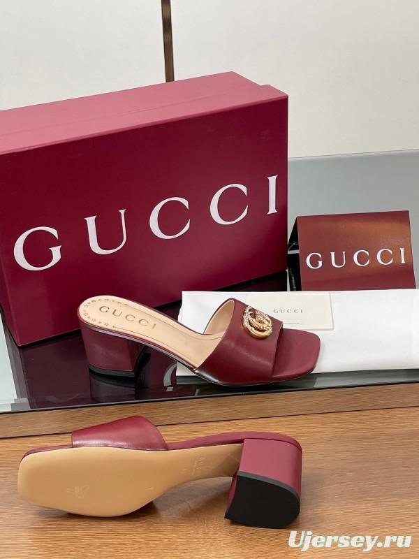 2025 Women Gucci Burgundy Leather Sandals GG Crystal LY00280