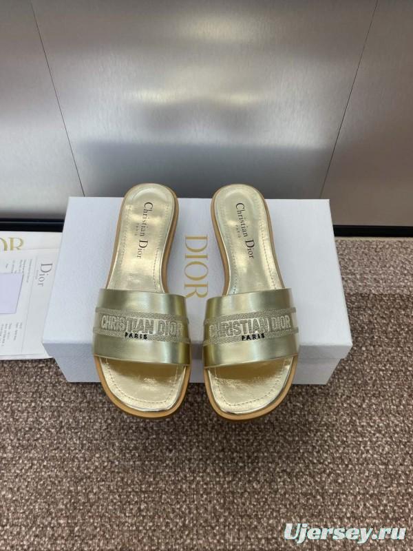 2025 Women Dior Gold Leather Slippers CHRISTIAN DIOR PARIS