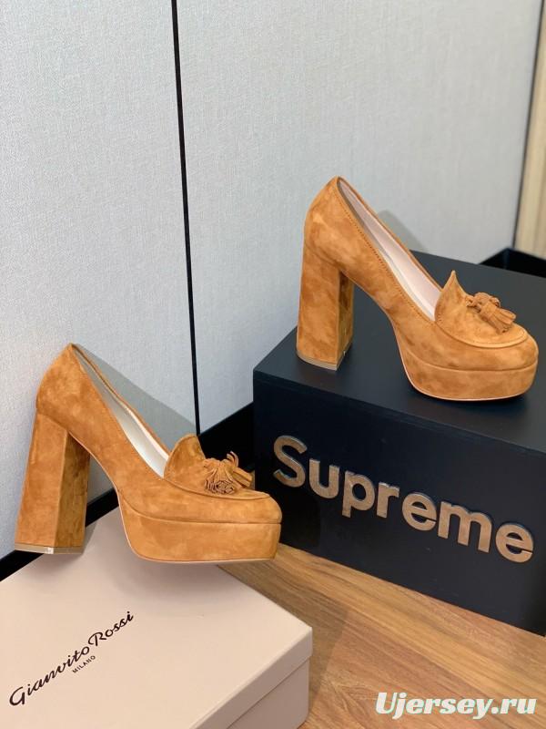 2025 Women Gianvito Rossi Brown Suede Platform Tassel Loafer