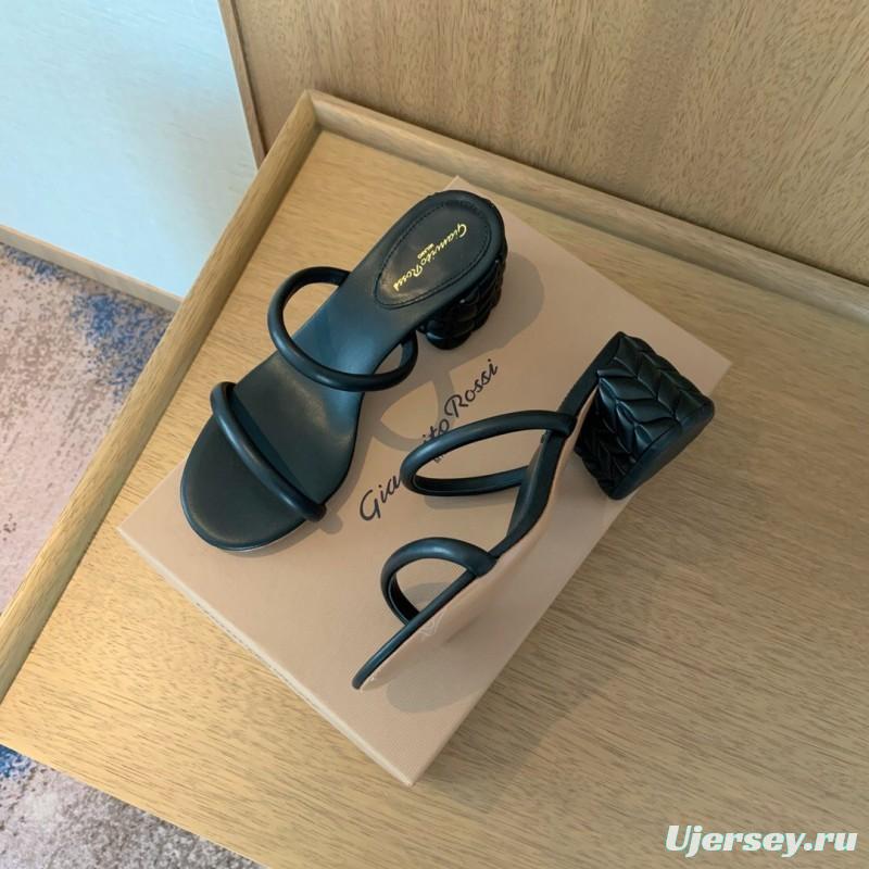 2025 Women Gianvito Rossi Black Leather Heeled Sandals